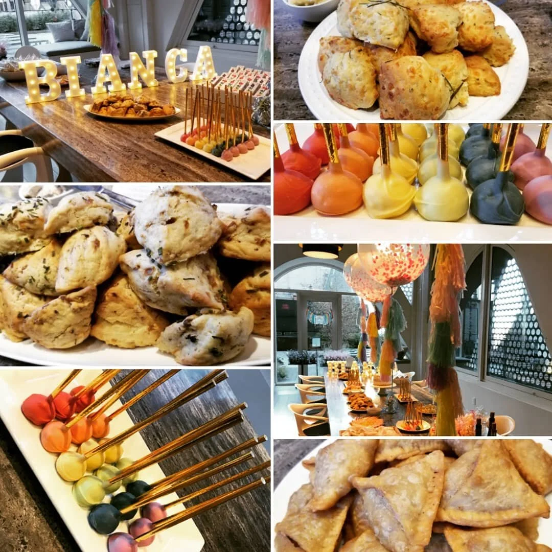 A savory bruschetta and tomato grazing spread plated for an AMR Catering cocktail party.