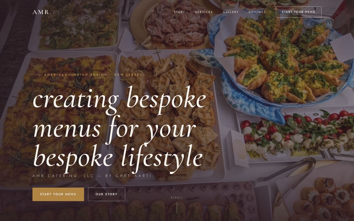 Timeless Elegant concept: a bright wedding-editorial homepage with an italic serif headline over a lavish food spread.