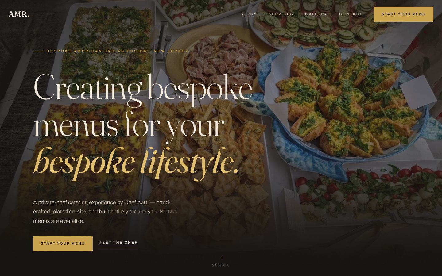 Editorial Noir concept: a dark, cinematic homepage with a glowing grazing-table photo and gold serif headline.