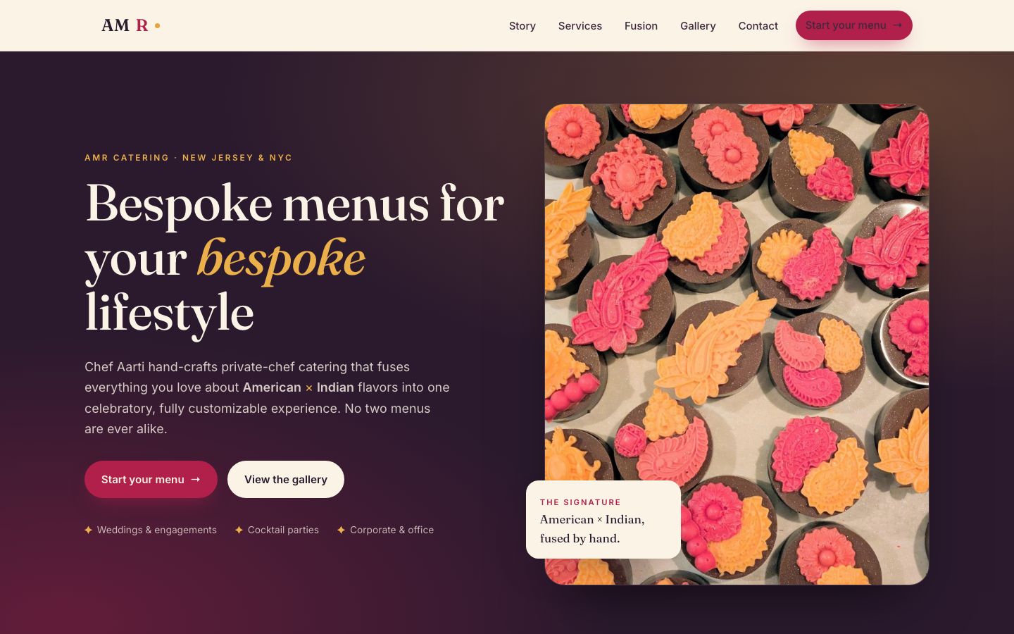 Spice and Celebration concept: a vibrant homepage in saffron and raspberry leading with ornate Indian-fusion chocolates.