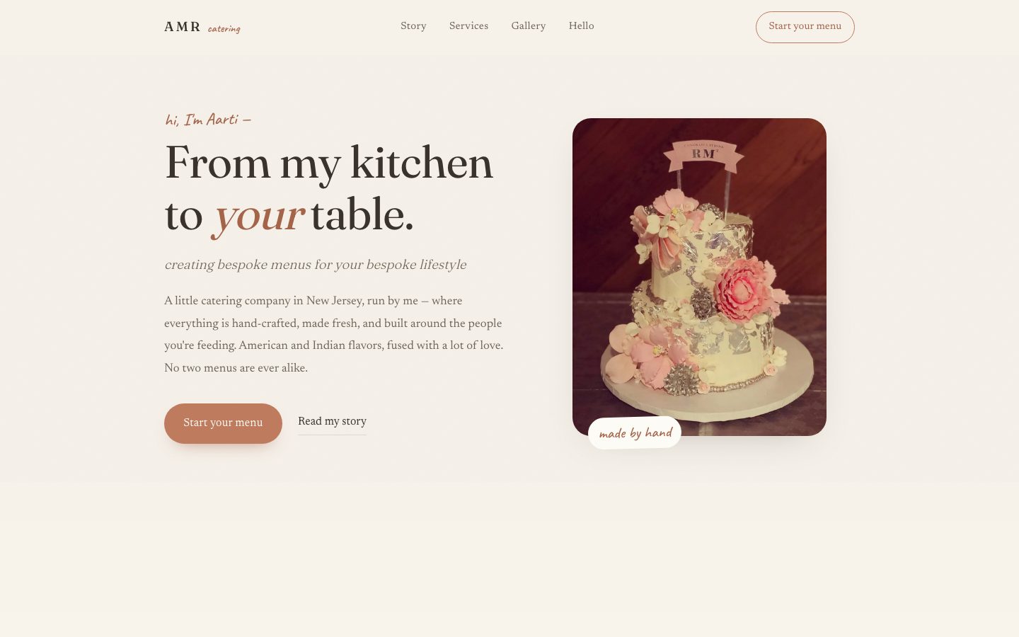 From Aarti's Kitchen concept: a warm, personal homepage in oat and clay tones with a handwritten greeting and a floral cake.