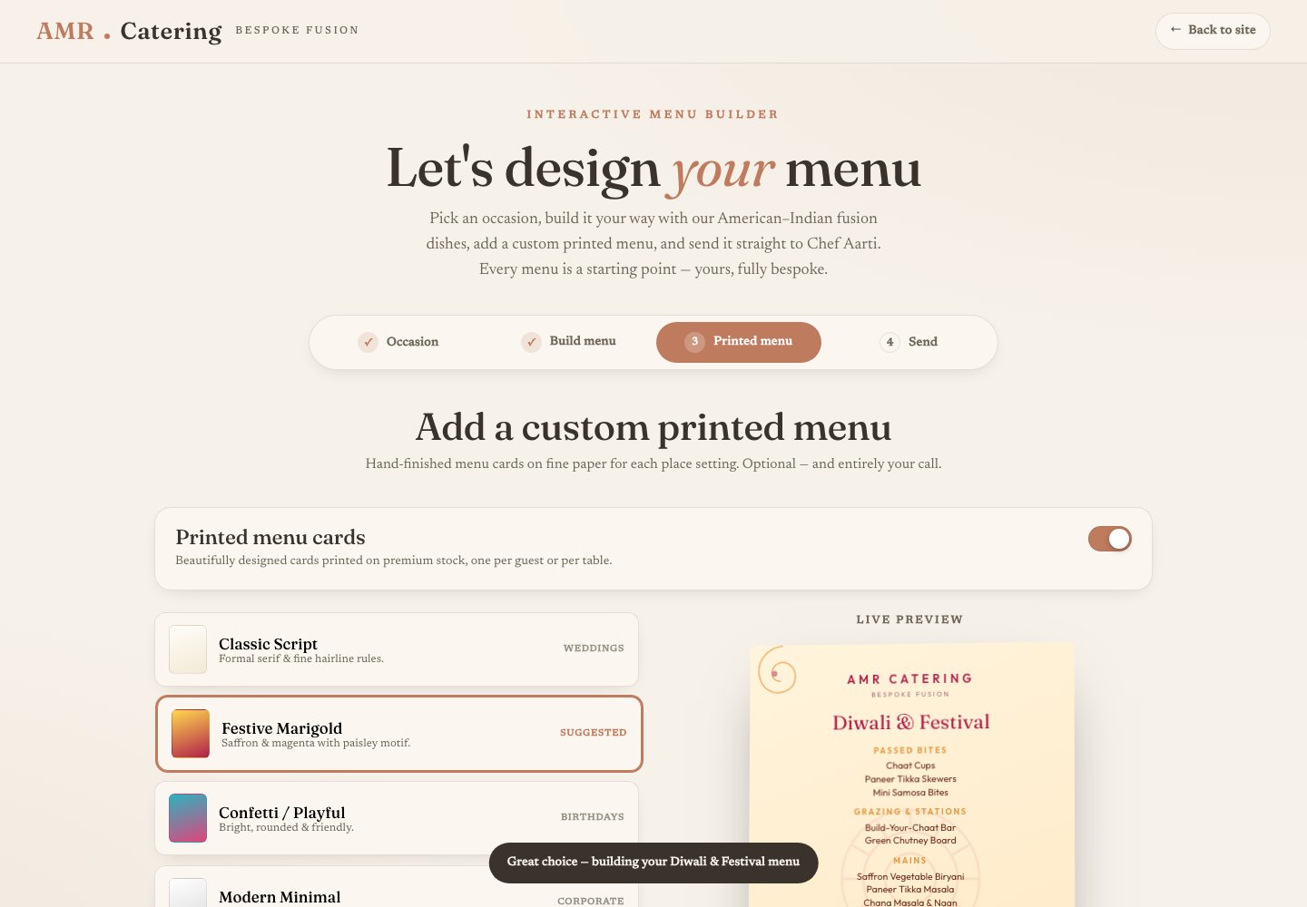 Interactive menu builder: choosing a printed-menu design with a live preview of a Diwali menu card.