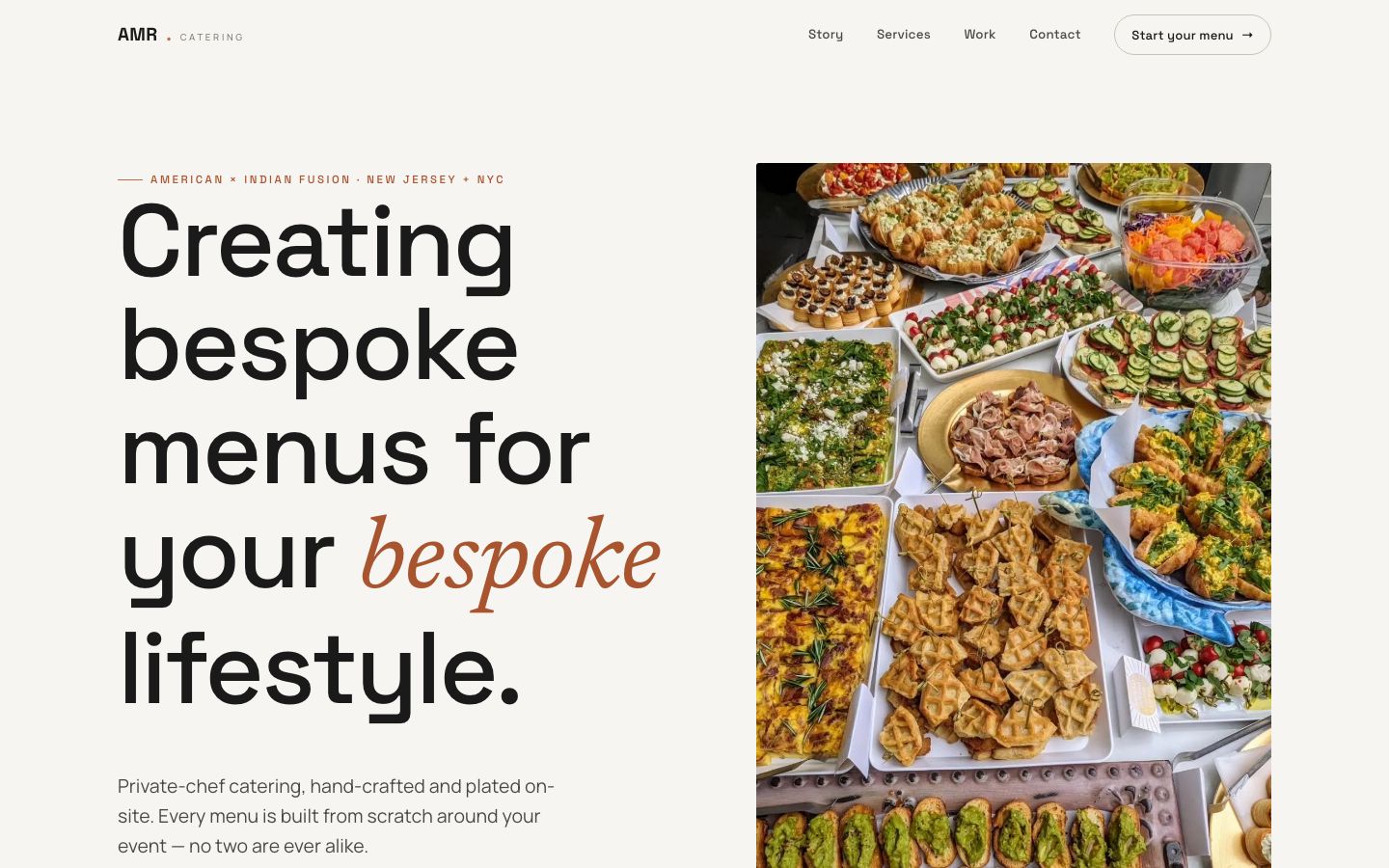 Modern Studio concept: a clean minimalist homepage with bold sans-serif type and a large grazing-table photo.